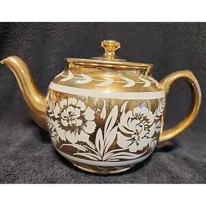 VINTAGE RARE STUNNING SADLER, ENGLAND GOLD TEA POT WITH LID BACK STAMPED 1600 E
